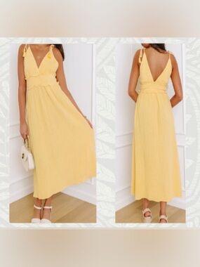 Pastel Yellow Sleeveless Maxi Dress - Lightweight; V-Neck; Smock Waist: Medium